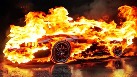 a car in flames on a dark background