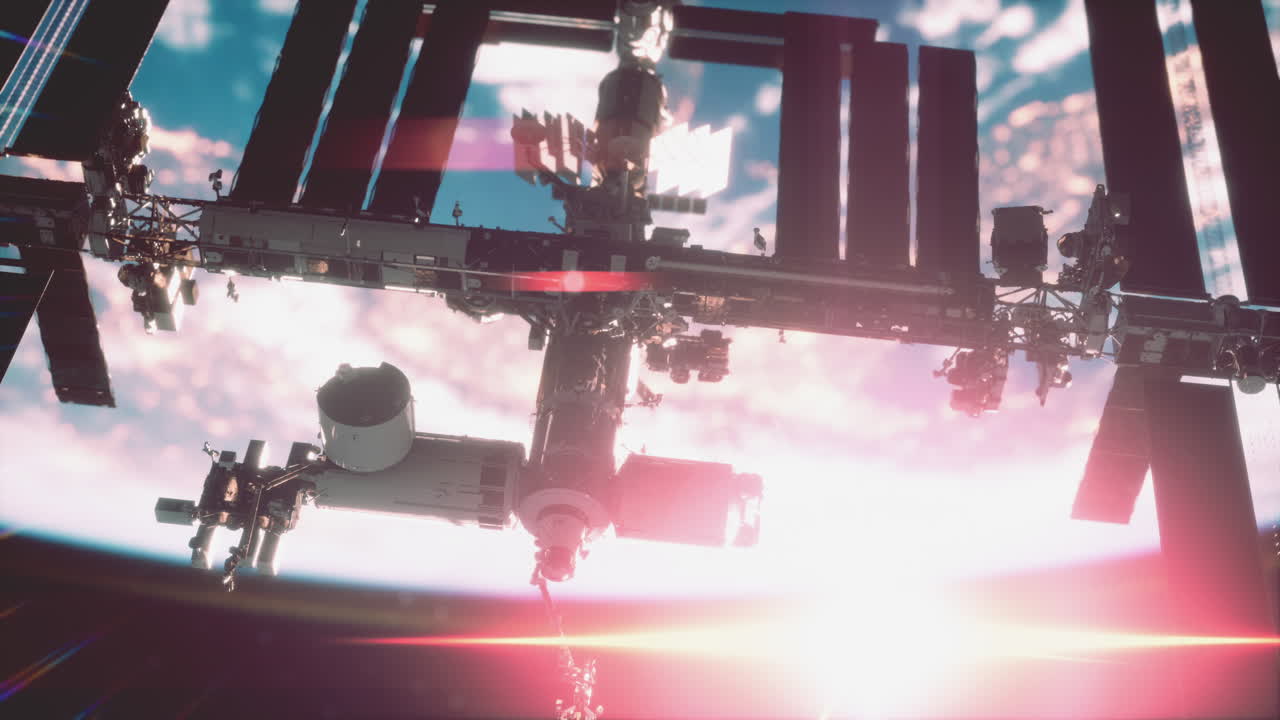 Prossimo piano della ISS che vola sopra l'atmosfera del globo terrestre