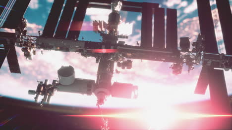 close up iss flying over earth globe atmosphere