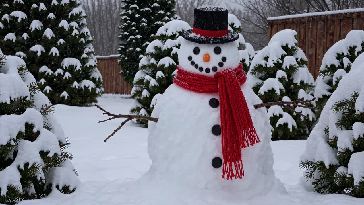 A cheerful snowman with a red scarf and black hat stands in a snowy garden