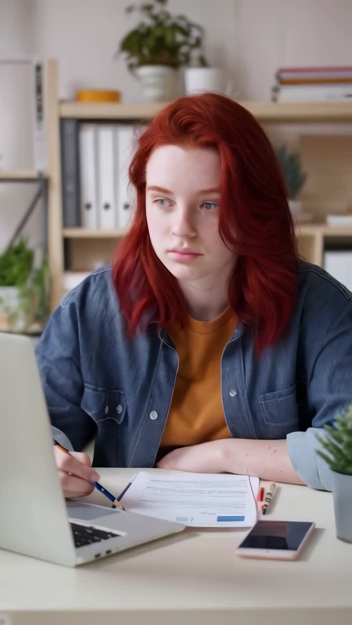 Teenager with dark red hair studying in front of a laptop at home.