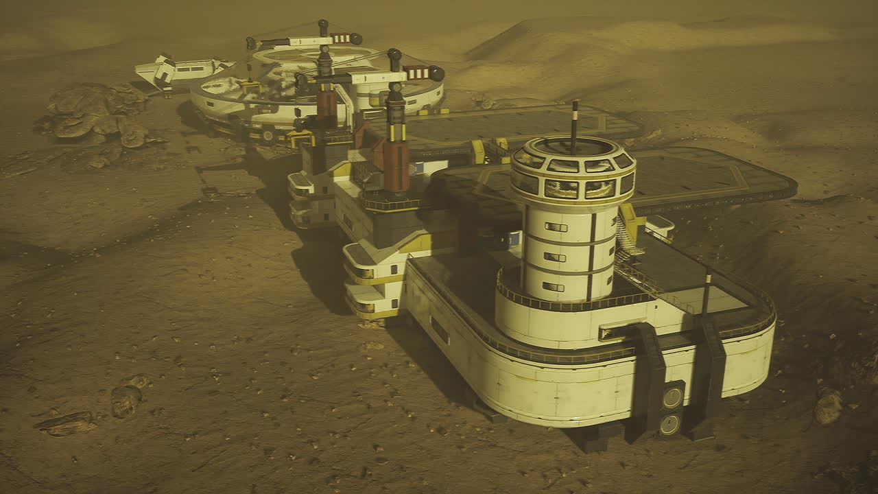 Industrial hub on mars featuring processing units and storage silos