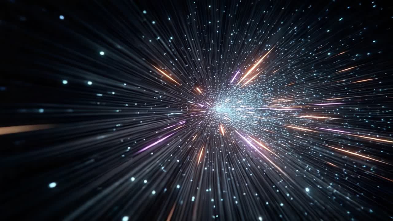 Una straordinaria visualizzazione del viaggio alla velocità della luce attraverso un regno cosmico pieno di colori sorprendenti e movimento dinamico, che cattura l'essenza dell'energia e del movimento cosmico.