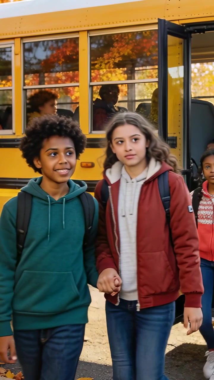 Vertical video: Door opening, two students in hoodies with bags holding hands walking from bus home