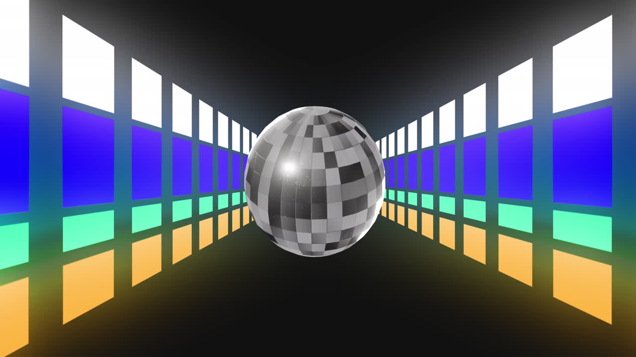 animación de una pelota de discoteca sobre cuadrados coloridos sobre un fondo negro
