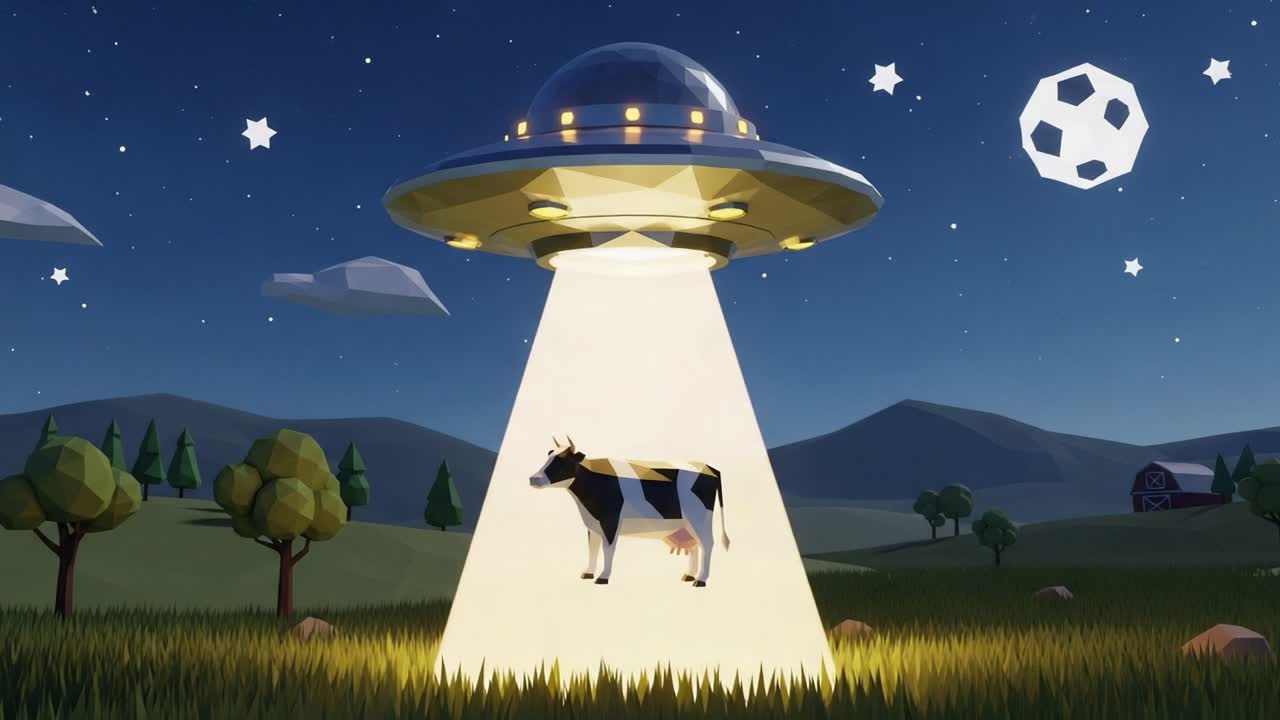 Extraterrestrial Encounter: A 3D Animated Cow Abduction by a UFO in a Starry Night Sky with Soccer Ball Elements, Merging Humor and Science Fiction