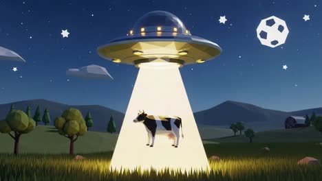 extraterrestrial encounter: a 3d animated cow abduction by a ufo in a starry night sky with soccer ball elements, merging humor and science fiction