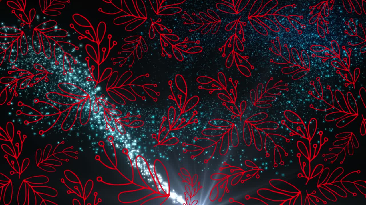 Animation of red leaves pattern design over blue shooting star against black background