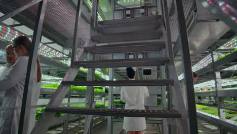 microbiology in white coats go on a modern farm with laptops and tablets studying the results of tests and collecting samples for the study of new species of plants. combating climate change and creating sustainable plants.