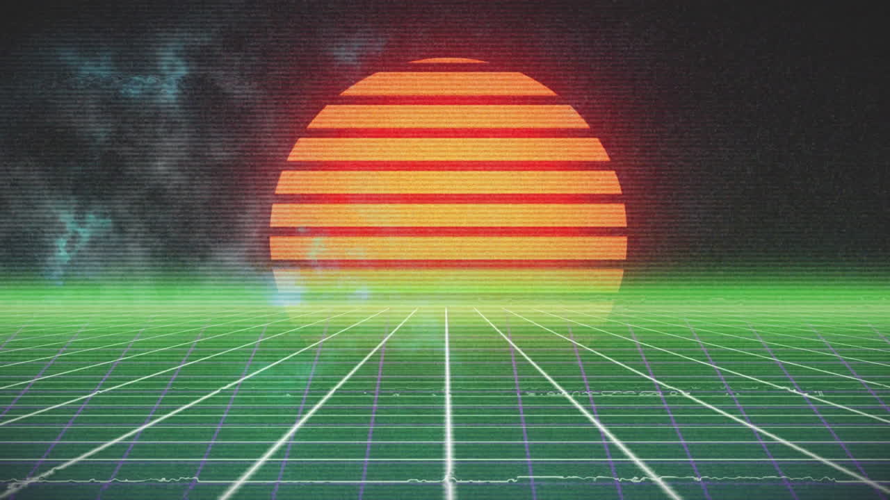 움직이는 다채로운 그리드 위에 다채로운 디지털 풍경의 애니메이션