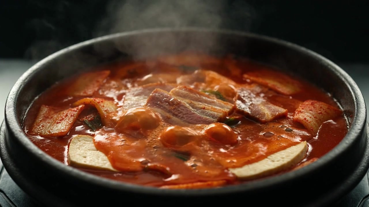 Sup kimchi Korea pedas mendidih di dalam panci batu tradisional