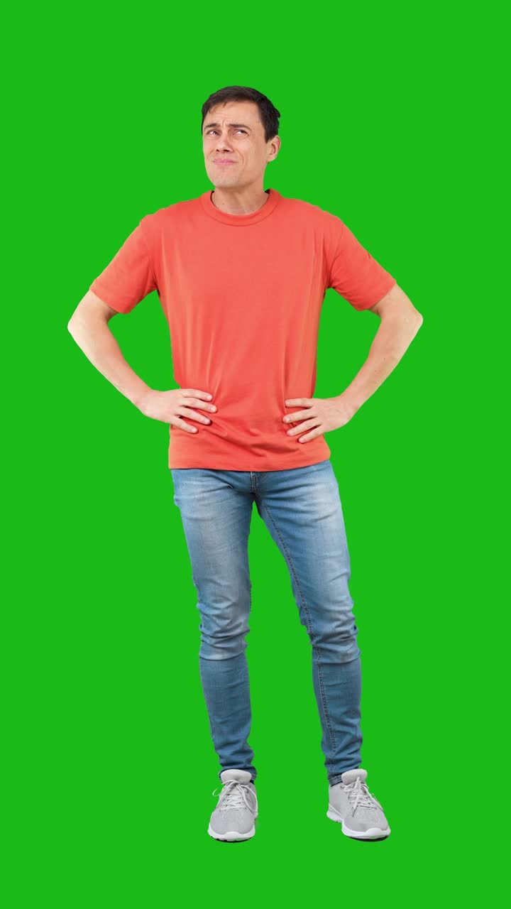 Man expressing various emotions on a green screen