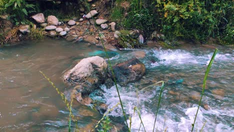 mountain stream running and splashing through moss covered rocks