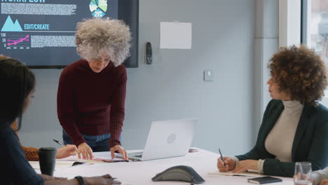 Empresaria-Madura-Liderando-Una-Reunión-Creativa-De-Mujeres-Colaborando-Alrededor-De-Una-Mesa-En-Una-Oficina-Moderna