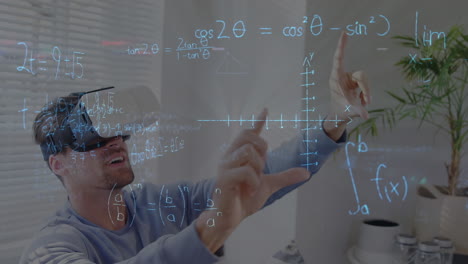 animation of mathematical drawings and equations over man wearing vr headset