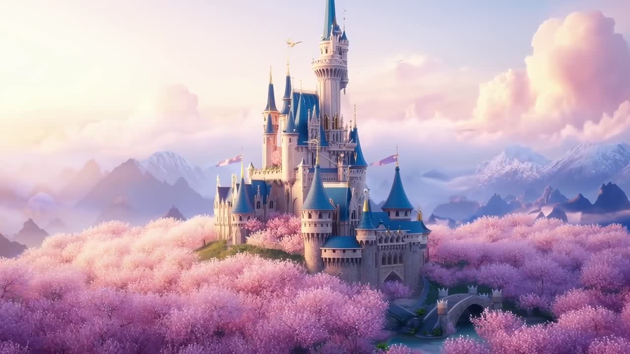 Castello incantevole circondato da fiori di ciliegio, ripreso con video grandangolare