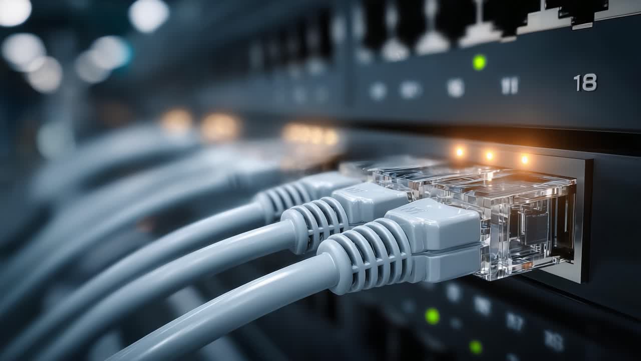 Close-up View of Ethernet Connections in a Network Switch: Exploring the Importance of Network Infrastructure and Data Transmission for Modern Connectivity