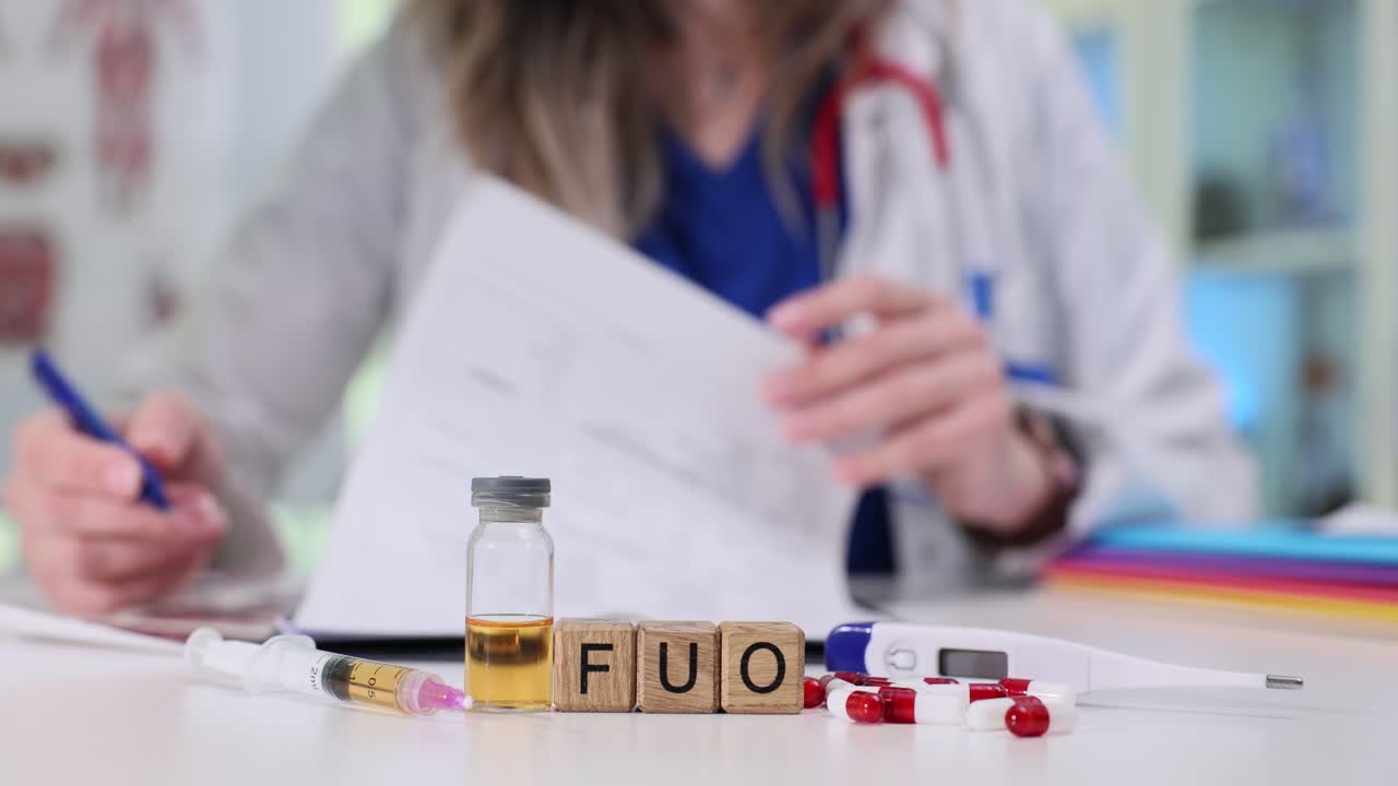 Forkortelsen FUO med digitalt termometer nær sprøyte og medisin.