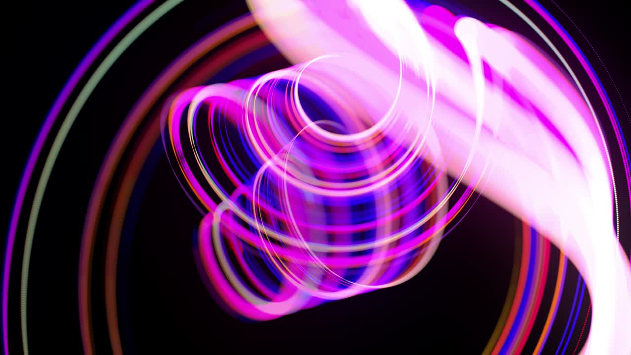 Motion graphics, sci-fi bg. Stream of multicolor neon lines form spiral shape, curls and pattern. Abstract background with light trails, Modern trendy motion design background. Light flow bg in 4k.