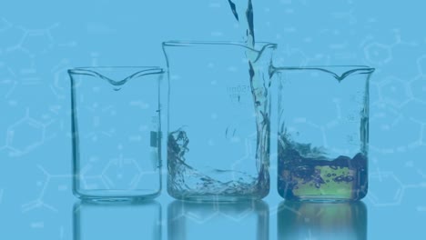 animation of chemical formulas over liquid pouring into lab glass on blue background