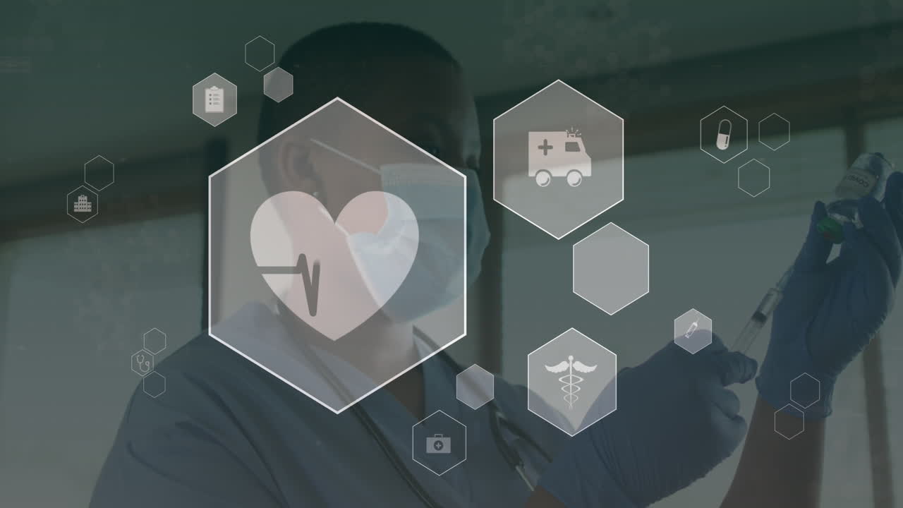 디지털 아이콘의 애니메이션 데이터 처리가 얼굴 마스크를 입은 아프리카계 미국인 남성 의사