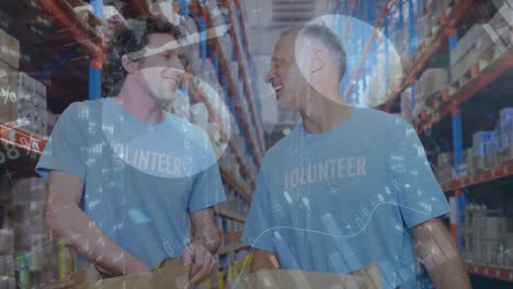 Animation-of-statistical-data-processing-over-two-caucasian-male-volunteers-high-fiving-each-other
