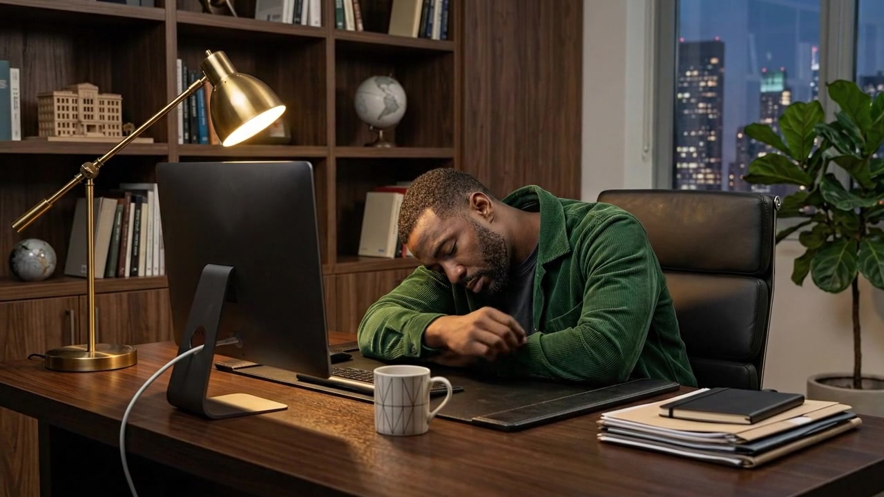 Impiegato esausto che dorme alla scrivania dopo una lunga giornata di lavoro