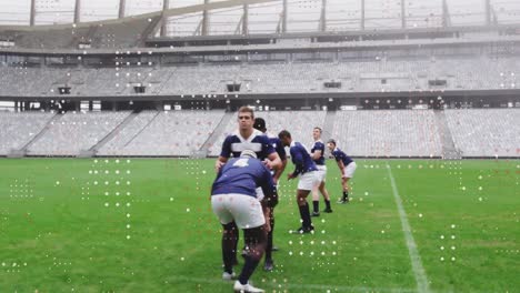 Animation-of-spots-over-male-rugby-players-during-match-at-stadium