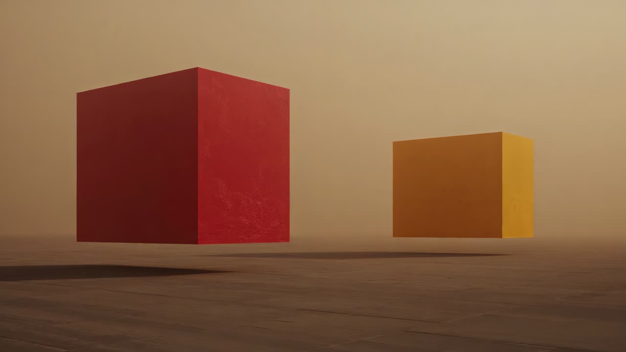 Drifting large red cube moving right across ground hiding yellow cube then rotating clockwise