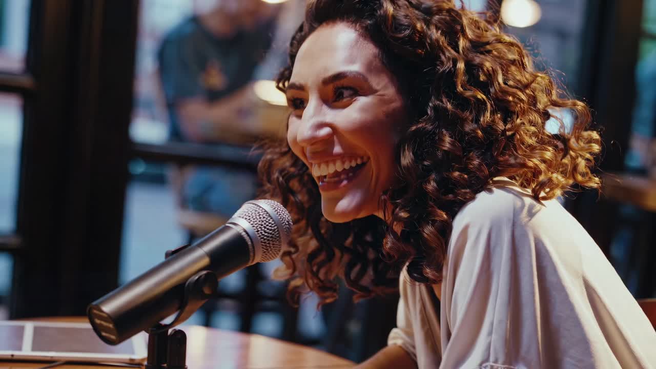 mujer cantando o actuando en un café