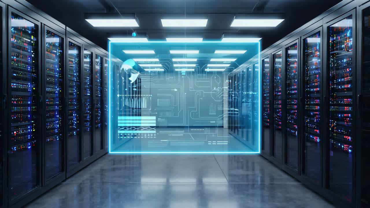 A server room with many servers and digital technology