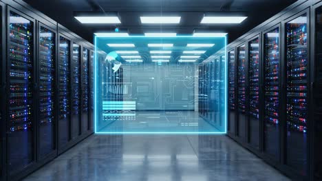 a server room with many servers and digital technology