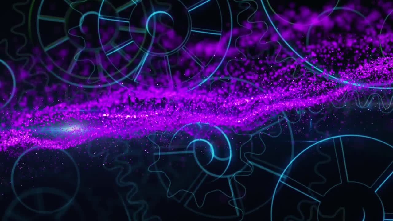 Animazione di punti viola su ingranaggi su sfondo nero.