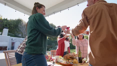 Happy-diverse-male-and-female-friends-toasting-on-celebration-meal-in-sunny-garden