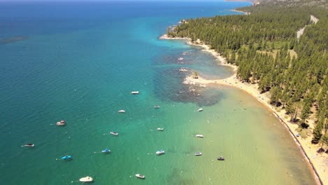 drone flying over zephyr cove on the nevada side of lake tahoe