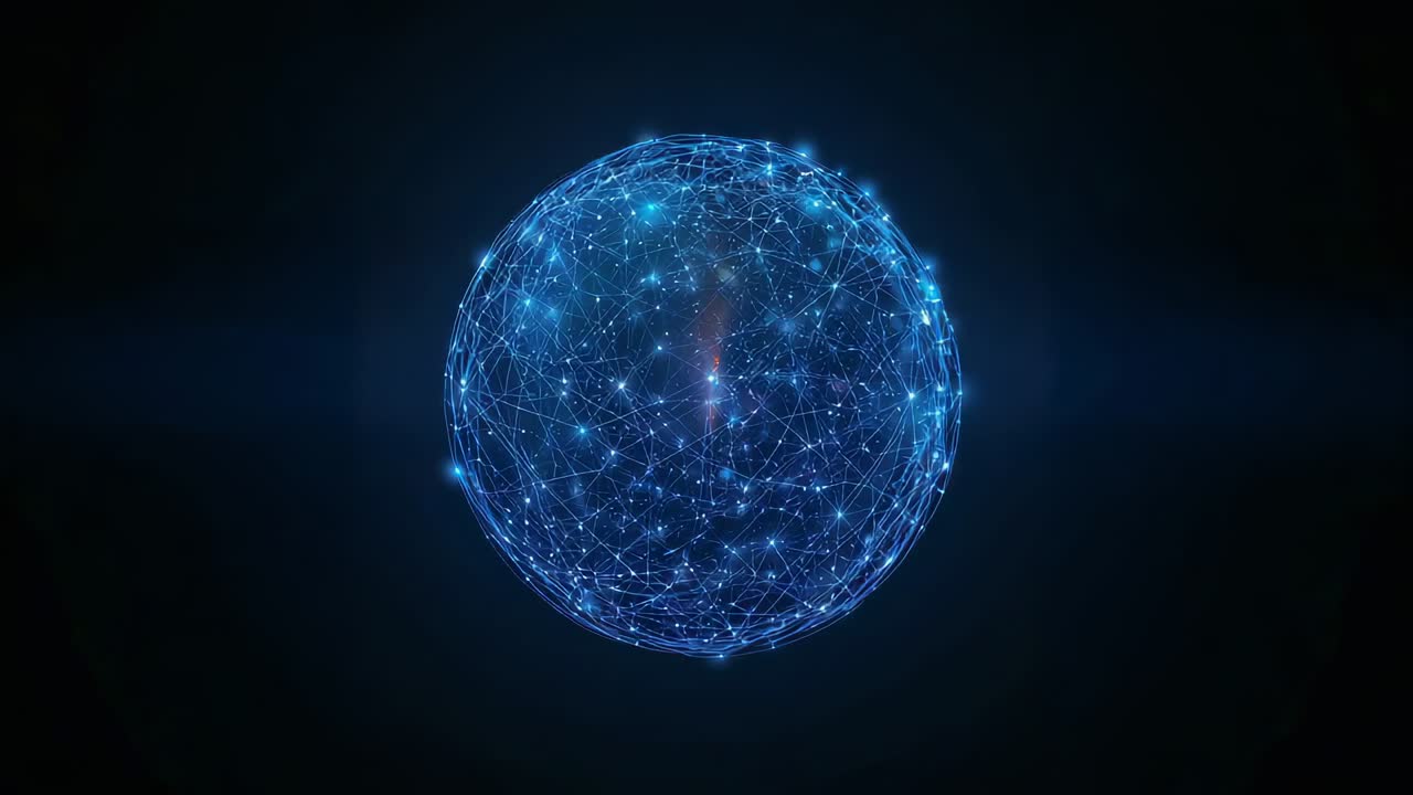 Reacting to orange core emerging, network sphere pulsing and rotating in dark void showing nodes