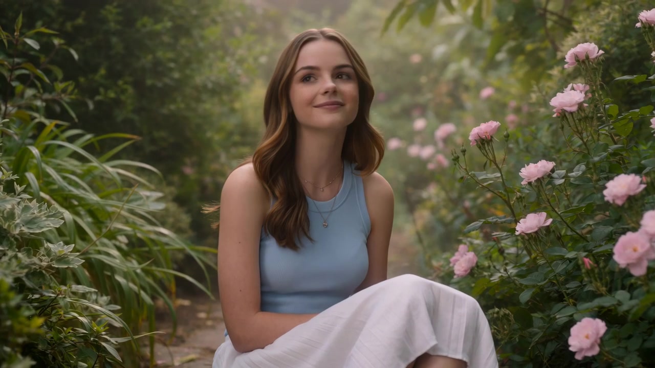 Jovem mulher sentada em caminho de pedra em denso jardim de rosas, tronco ereto com joelhos cruzados e mãos repousando no colo, cabeça virada para a direita com sorriso gentil e olhar atento para flores cor-de-rosa próximas.
