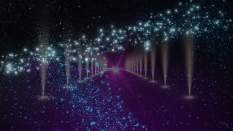 Animation-Von-Sternen,-Die-über-Eine-Gasse-Fallen,-Mit-Lichtern-Auf-Schwarzem-Hintergrund