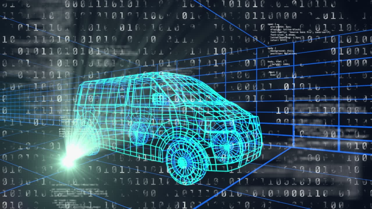 검은 바탕에 회전하는 자동차 모델 위의 디지털 데이터 처리 애니메이션