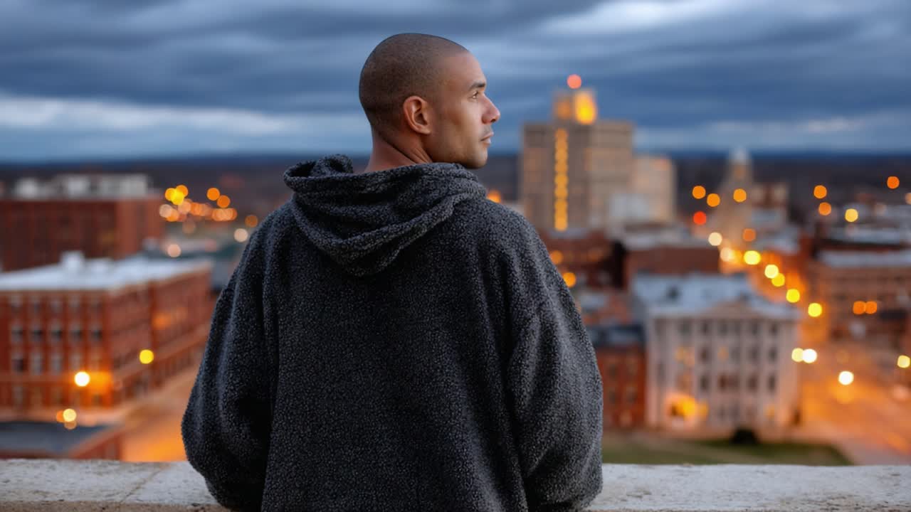 Un momento di riflessione: un individuo contemporaneo contempla il paesaggio urbano mentre si avvicina il crepuscolo, illuminato dalle luci della città sotto un cielo suggestivo