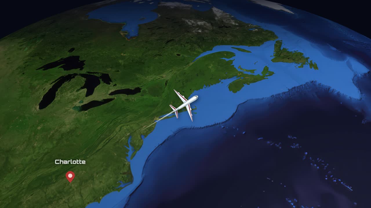 Satellite view animation follows an airplane flying from Charlotte, North Carolina to Amsterdam, Netherlands