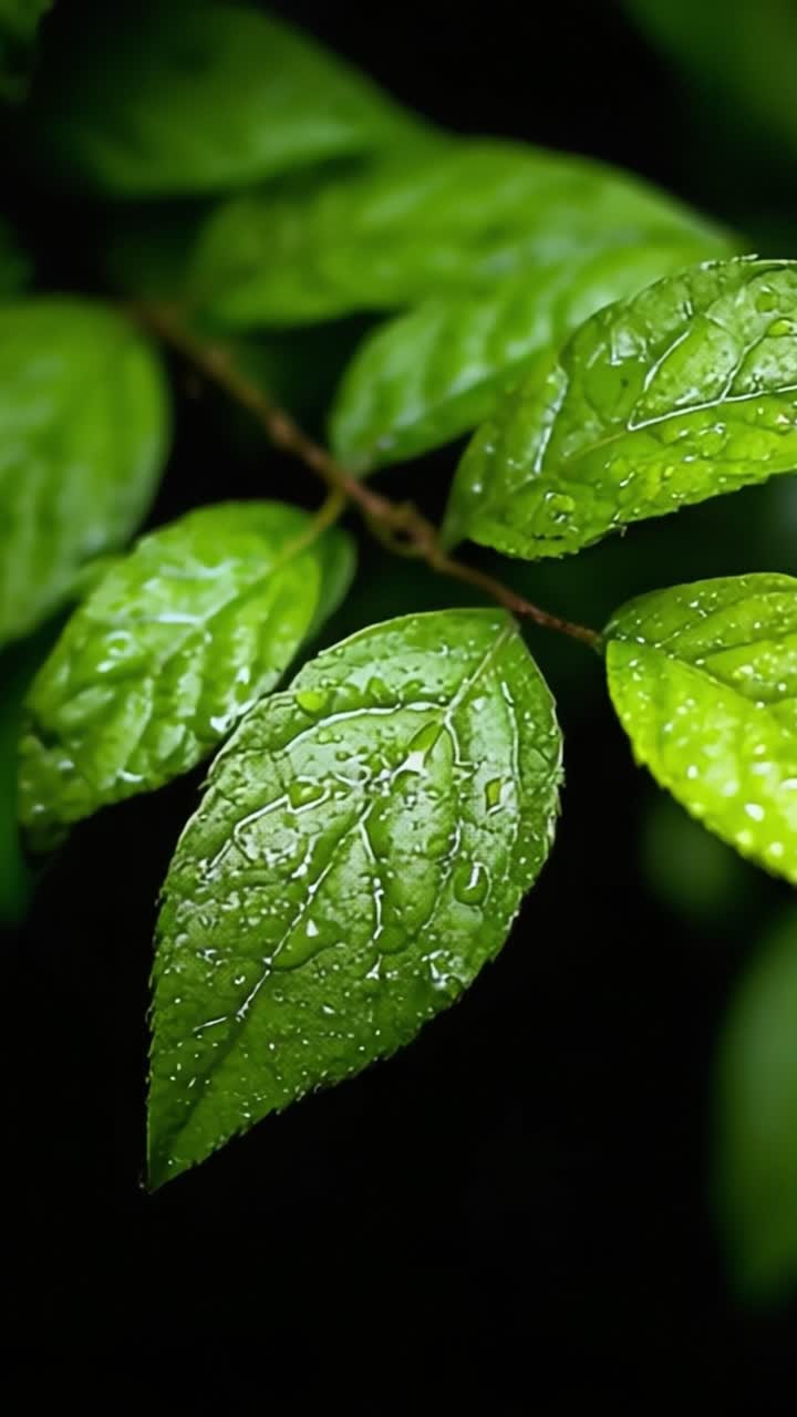 A Close-Up View of Fresh Green Leaves with Raindrops, Showcasing Nature's Vibrant Colors and the Beauty of Wet Foliage in a Lush Environment