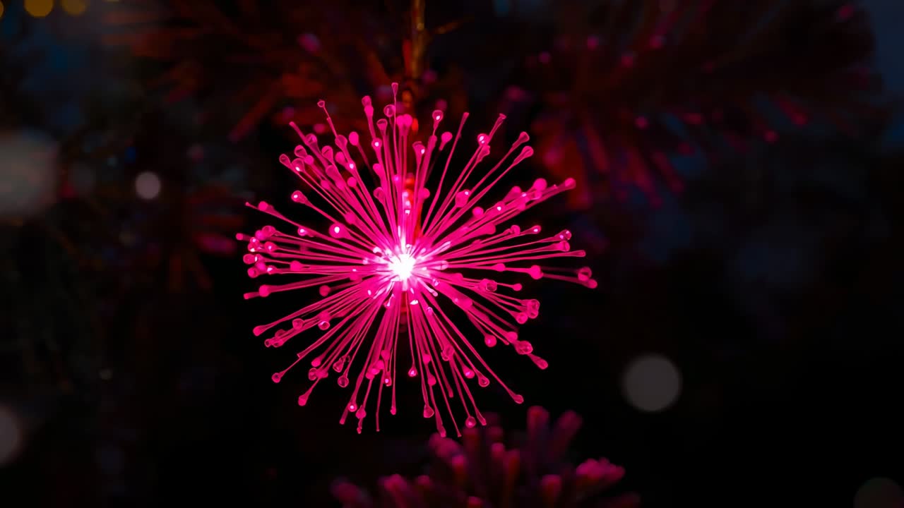 Powering spherical fiber optic lamp pulsing in dim event space, with evergreen bokeh