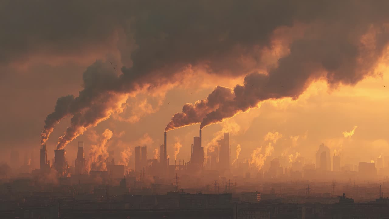 A Dazzling yet Troubling Display of Industrial Pollution: Thick Smoke Billowing from Factories at Sunset, Highlighting Environmental Challenges and Urban Landscapes