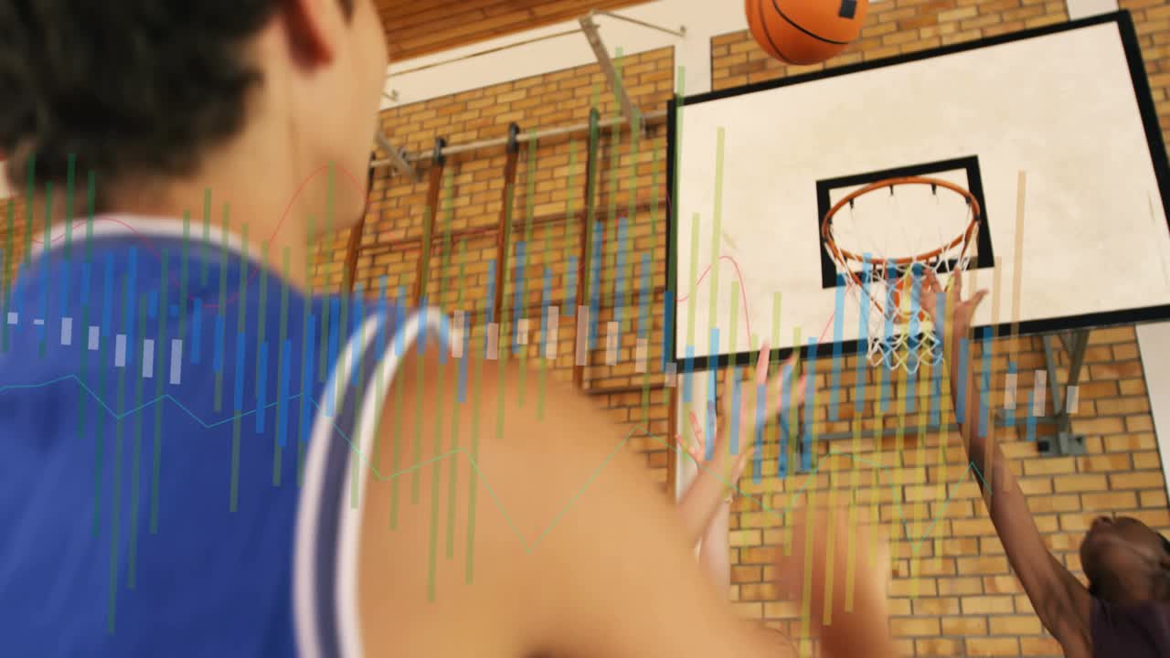 Teen basketball shooter adjusting grip and launching shot to score while EQ animating near players
