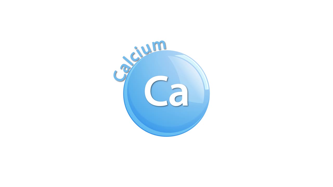 A blue calcium element icon animates in, then transitions to include illustrated food sources like milk, cheese, fish, and nuts on a white background