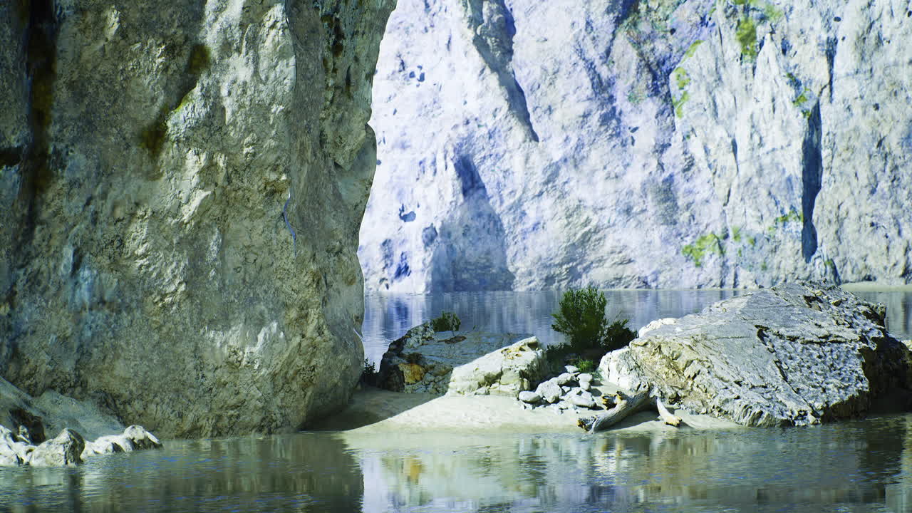 Rocky shoreline with calm water reflecting cliffs in serene landscape