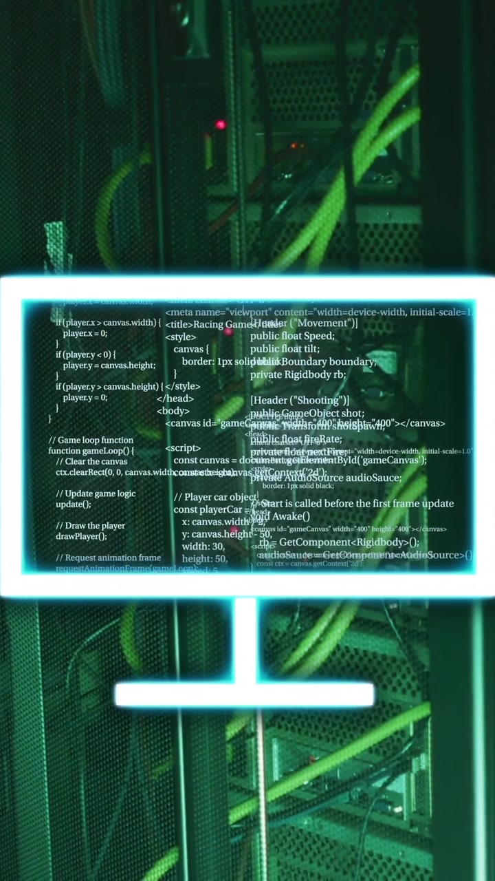 Computer screen with code animation over server racks in data center