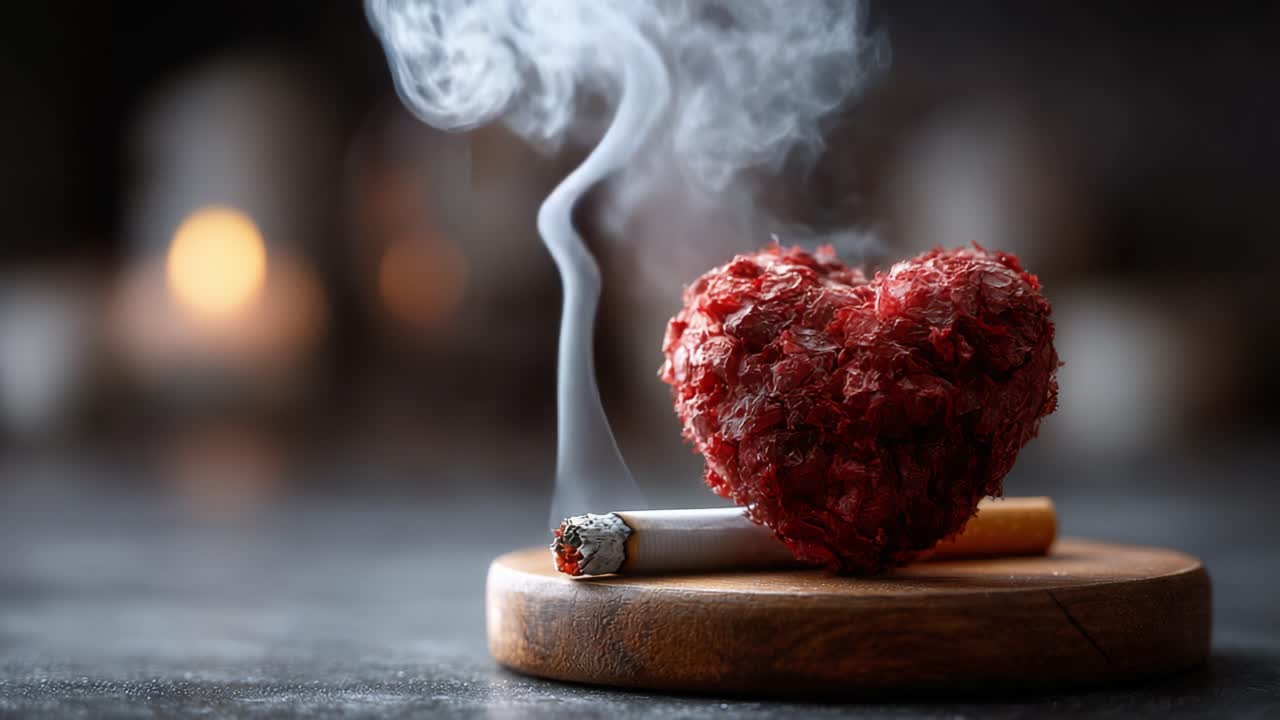 A Symbolic Representation of Love and Addiction: A Heart-Shaped Object Resting Beside a Cigarette, with Smoke Rising Warmly in a Dimly Lit Atmosphere
