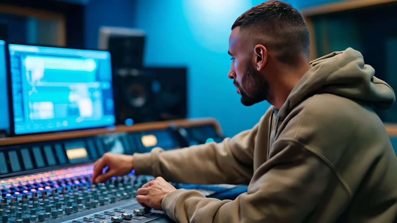 Young man working in music studio
